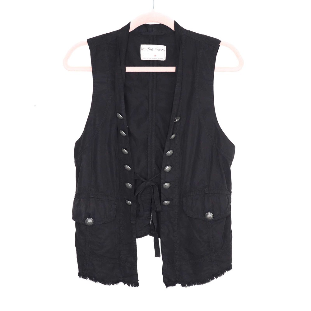 FREE PEOPLE Starstruck Vest Black Size M Double Button Raw Hem Lyocell Hippie